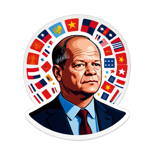 Minimalistisches Porträt von Olaf Scholz mit politischen Symbolen