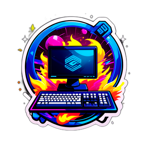 Дизайн наклейки с компьютером, отображающим киберспортивные состязания