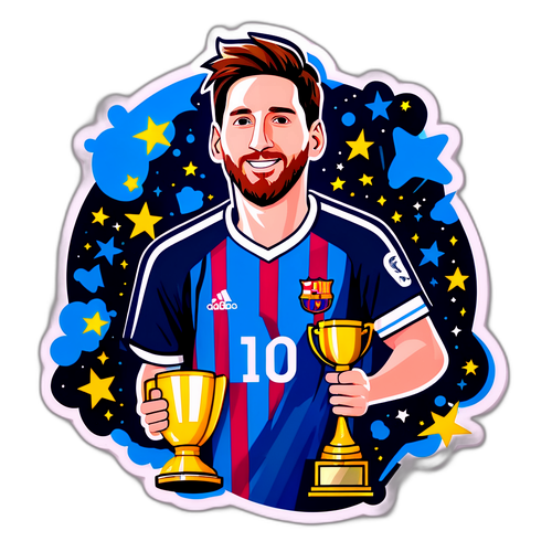 Retrato estilizado de Messi levantando un trofeo