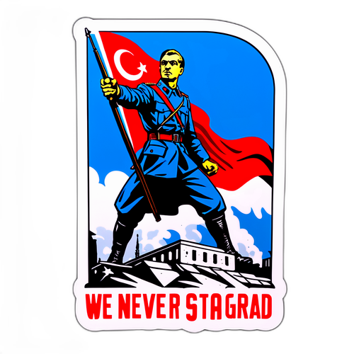 Стикер, посвященный историческому значению Сталинграда, с текстом 'Никогда не забудем!'