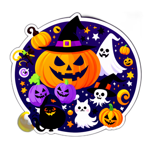 Thiết kế nhãn dán chủ đề Halloween với bí ngô và phù thủy