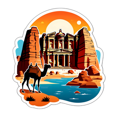 Reise-tema klistremerke med Petra og kameler