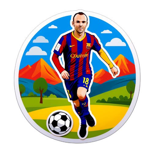 Sticker van Iniesta met bal en Spaanse achtergrond
