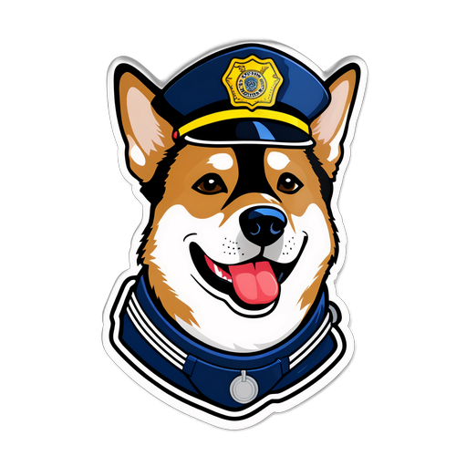 Autocollant d'un chien policier portant une casquette, clignant de l'œil, avec un insigne sur son harnais