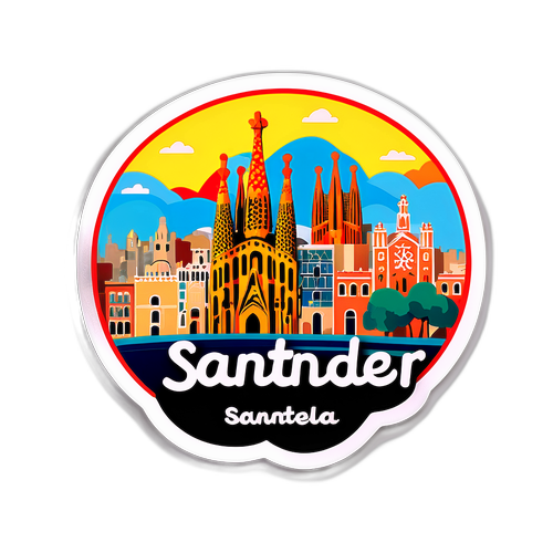Sticker met het woord 'Santander' en een miniatuur van de stad en Barcelona