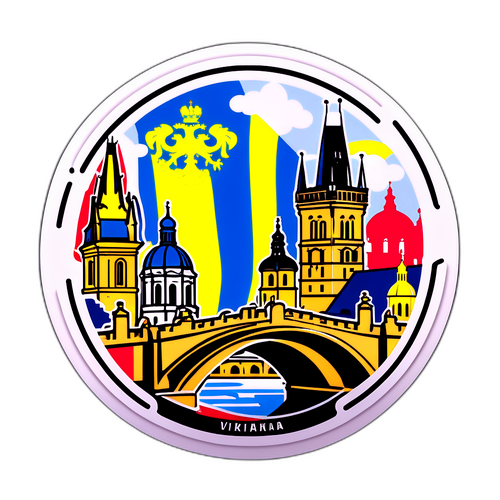 Nálepka s Karlovým mostem a ukrajinskou vlajkou