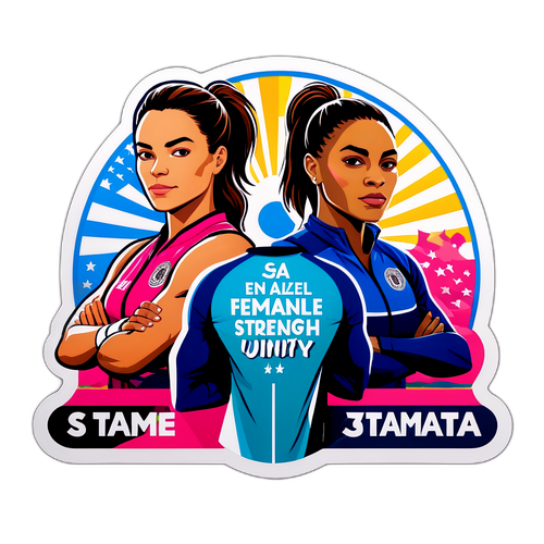 Diseño de sticker por Marta González junto a otras atletas reconocidas, con un mensaje de unidad y fuerza femenina.