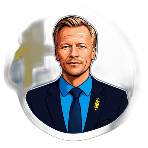 Sticker av Mikael Damberg framför en svensk flagga