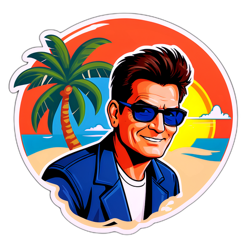 Retro sticker van Charlie Sheen met zonnebril en tropische achtergrond