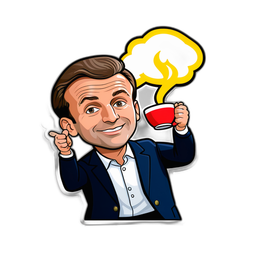 Een cartoonversie van Emmanuel Macron met een kopje