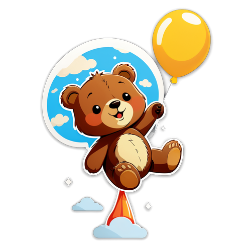 可愛的小熊拿著氣球在天空中飛