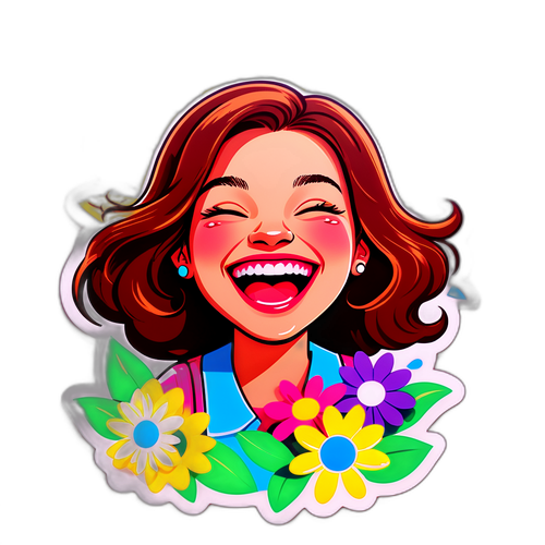 Egy vidám és sajátos matrica Keszthelyi Ritáról, aki nevet és élvezi a napos időt, körülötte virágok és napsütés