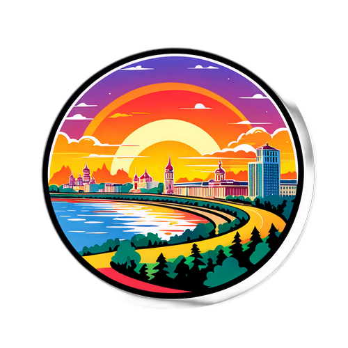 Стикер з панорамою Волгограда на заході сонця