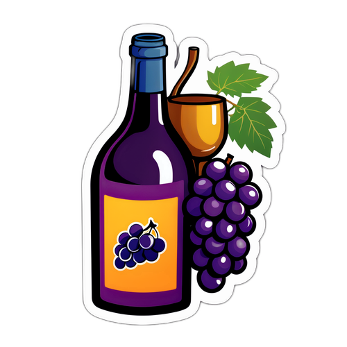 Künstlerischer Aufkleber von Víctor Valdepeñas, eingewickelt in Trauben und einer Flasche, die seine Weinregion repräsentiert