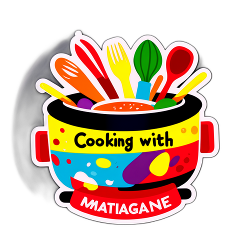 Sticker van een kookpot met kleurrijke ingrediënten