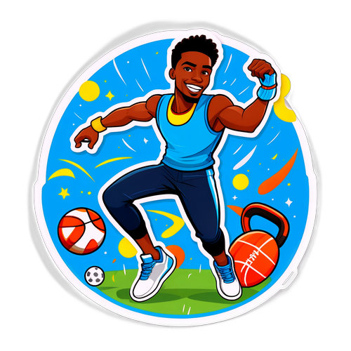 Ein Cartoon-Sticker von Nnamdi Collins, der energetisch auf dem Feld tanzt