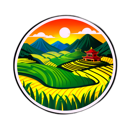 Conception d'un autocollant mettant en avant le Vietnam, avec des paysages de rizières en terrasses et des motifs traditionnels