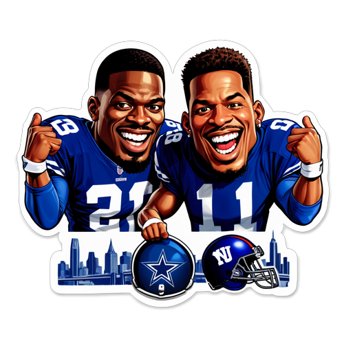 Divertido sticker mostrando a los jugadores de los Dallas Cowboys y los New York Giants en caricatura cómica