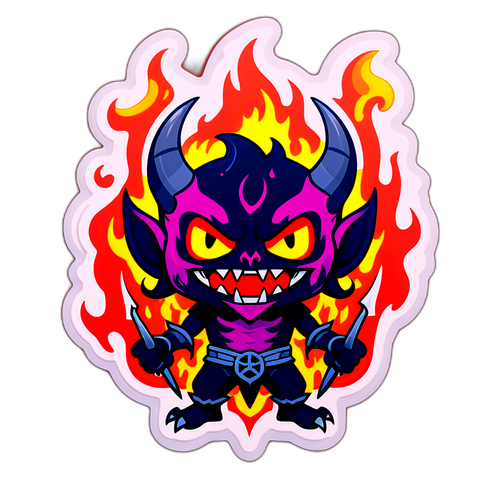 Leikkisä demoni tarra palavilla taustoilla