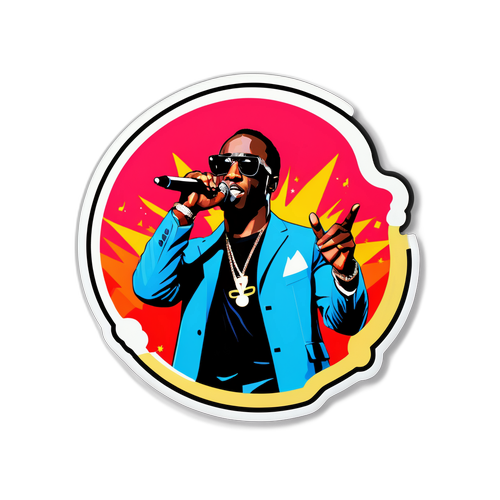 Наклейки з музикою P Diddy на фоні яскравого концертного шоу