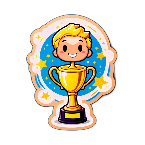 सोने की ट्रॉफी पकड़े हुए कार्टून कैरेक्टर का मजेदार डिज़ाइन