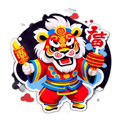 Sticker về hoạt động xuân: Múa Lân và chơi Bài Chòi