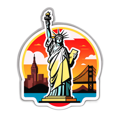 Stylized USA Sticker with Iconic Landmarks