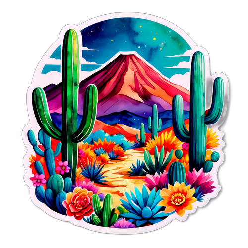 נוף מקסיקני במים עם פרחים וקקטוסים