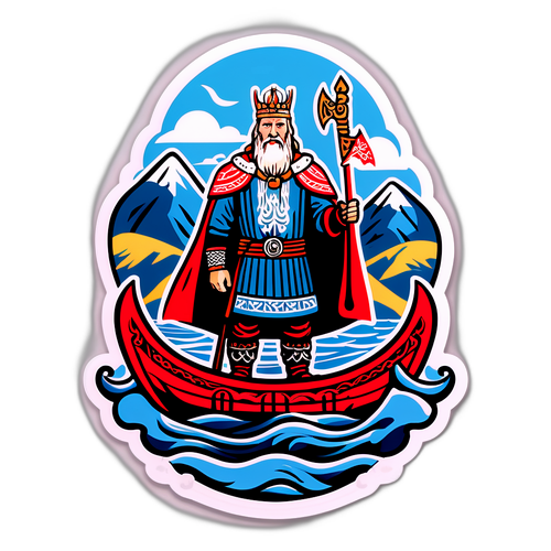 Kunstnerisk fremstilling av Kong Harald ved siden av tradisjonelle norske symboler