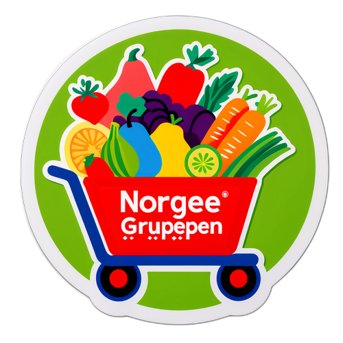 Fargerik design av Norgesgruppen-logoen med en handlevogn full av ferske produkter