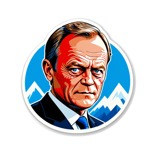 Design a bold sticker for the state of emergency, illustrating the impact of natural disasters, with a backdrop of resilience and social unity featuring Donald Tusk.