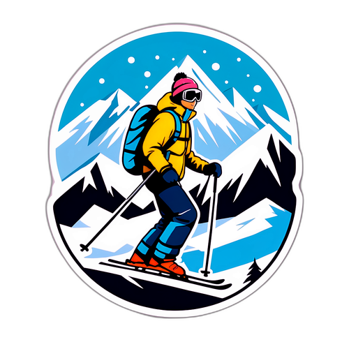 Adhesiv elegant cu schior și munți acoperiți de zăpadă