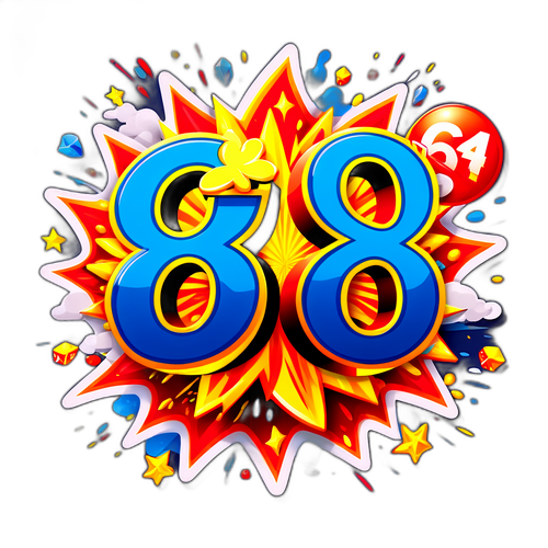 Pôster com o número 6864 em letras fantásticas saindo de uma explosão de sorte, para sorteios da loteria.