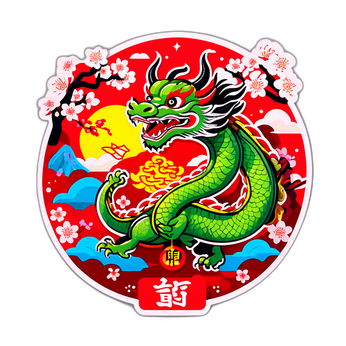 Nhãn dán Tết Nguyên Đán với hình ảnh rồng và hoa anh đào