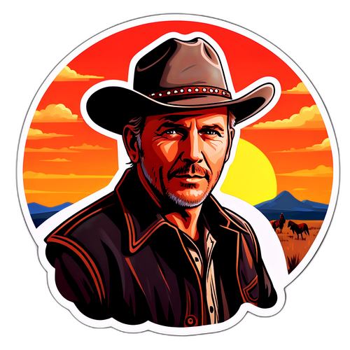 Kevin Costner jako kowboj przy zachodzie słońca