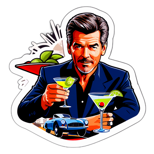 Nálepka Pierce Brosnan s martini a klasickým autem