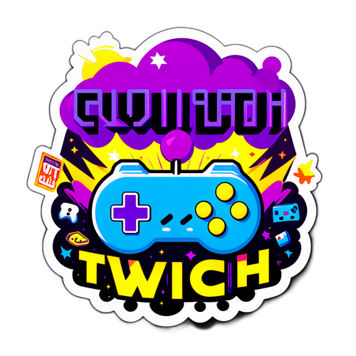 Дизайн логотипу Twitch у ретро-стилі з іграми та персонажами 80-х