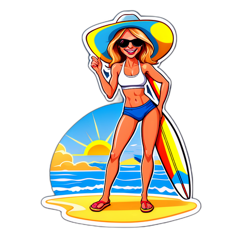 Fargerik karikatur av en kvinne på stranda