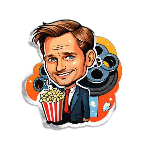 Karikatyr av Alexander Skarsgård med filmhjul och popcorn