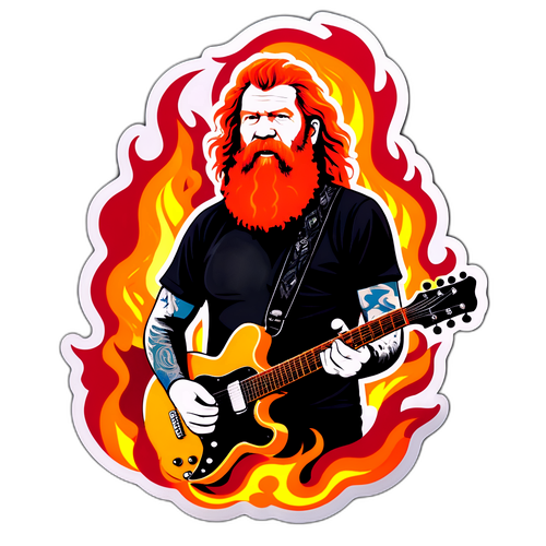 Brent Hinds Spiller Guitar med Flamme Baggrund