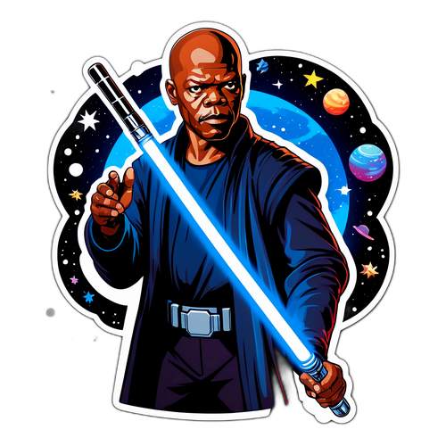 En kraftfull bild av Samuel L. Jackson med ljussabel