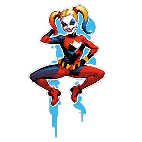 Harley Quinn szuperhős élénk színekben, vidám, de veszélyes pózban