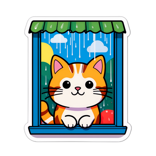 Sticker Kucing Imut di Jendela Hujan