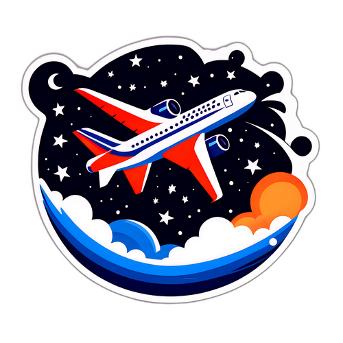 Яркий самолет Аэрофлота, взлетающий на фоне звездного неба