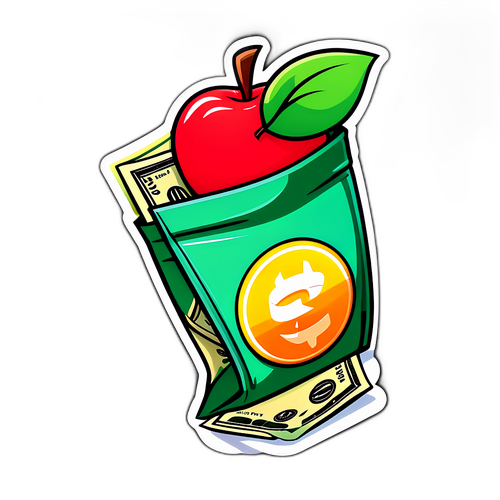 Een sticker met een gestileerd beeld van een Apple-logo dat uit een geldzak springt, met de slogan 'Investeer in Innovatie!'