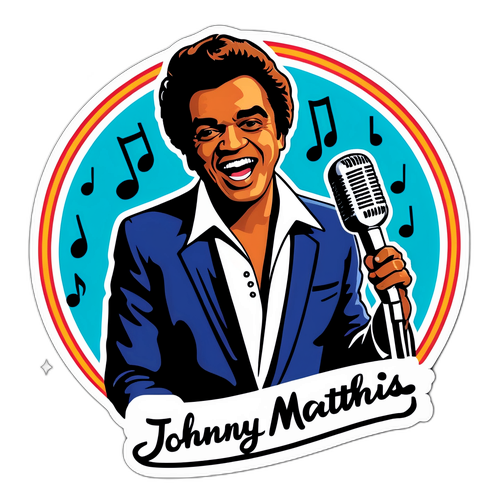 Sticker met Johnny Mathis die zingt op een podium