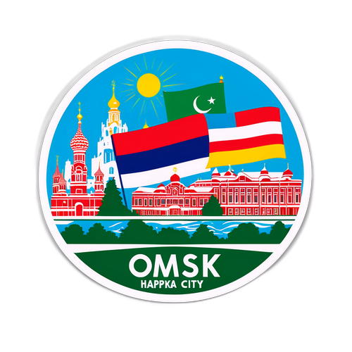 Дизайн с изображением городского ландшафта Омска и цветов флага с надписью 'С Днем города, Омск!'