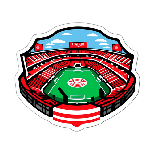 Dibujo estilizado del estadio de River Plate con aficionados animando a su equipo