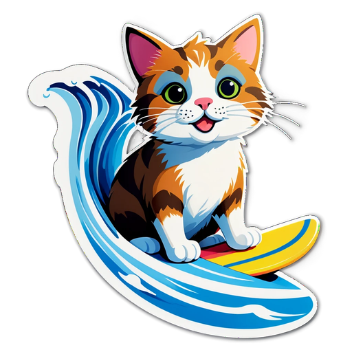 Catch the Wave of Cuteness: Surfing Cat Sticker That Will Make You Smile!