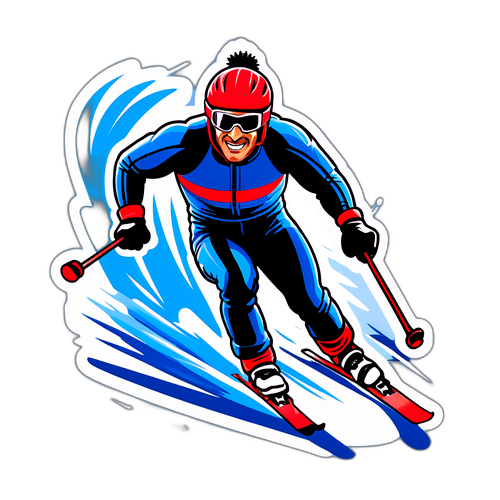 Alberto Tomba tyyliin piirretty sarjakuvahahmo